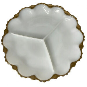 VINTAGE White Milk Glass Scallop Gold Rim Serving Dish 3 Section